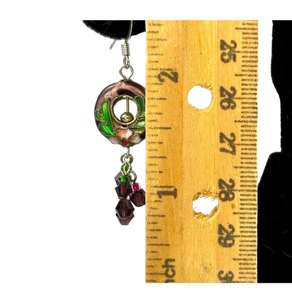 Floral Cloisonne French Hook Earrings Burgandy Green Pink Vintage 1.5" Drop EUC - Picture 5 of 6